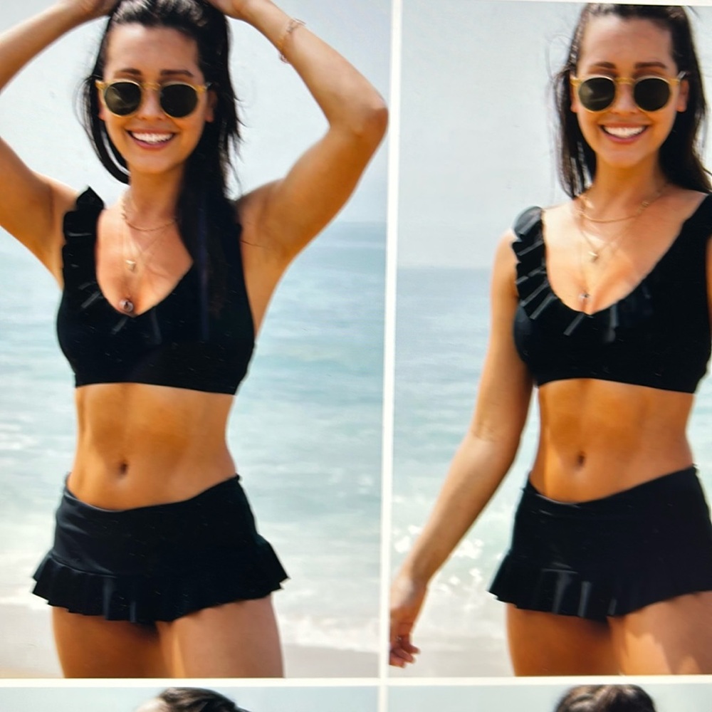 NWT Beachsissi Black Ruffle Shoulder Swim Skirt Bikini set, Size Large